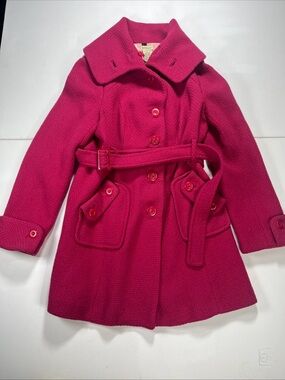 Anthropologie Elevenses Pea Coat Pink Magenta  Belted Wool Waffle Knit Womens 14